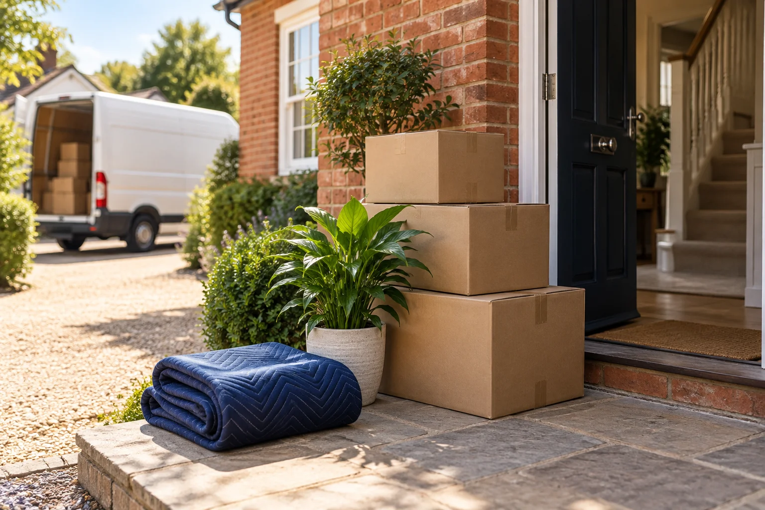 Moving boxes and a houseplant ready for a fresh start at a brick home